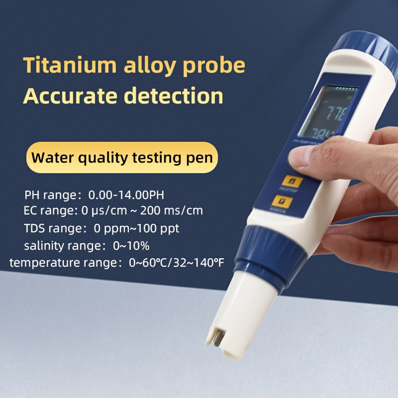5-in-1 Water Quality Testing Pen pH TDS EC Temp Salinity Industrial Large Colorful Screen