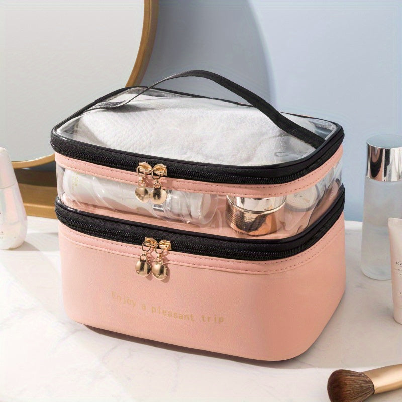Women Waterproof Travel Makeup Bag with Double Layers and Large Capacity