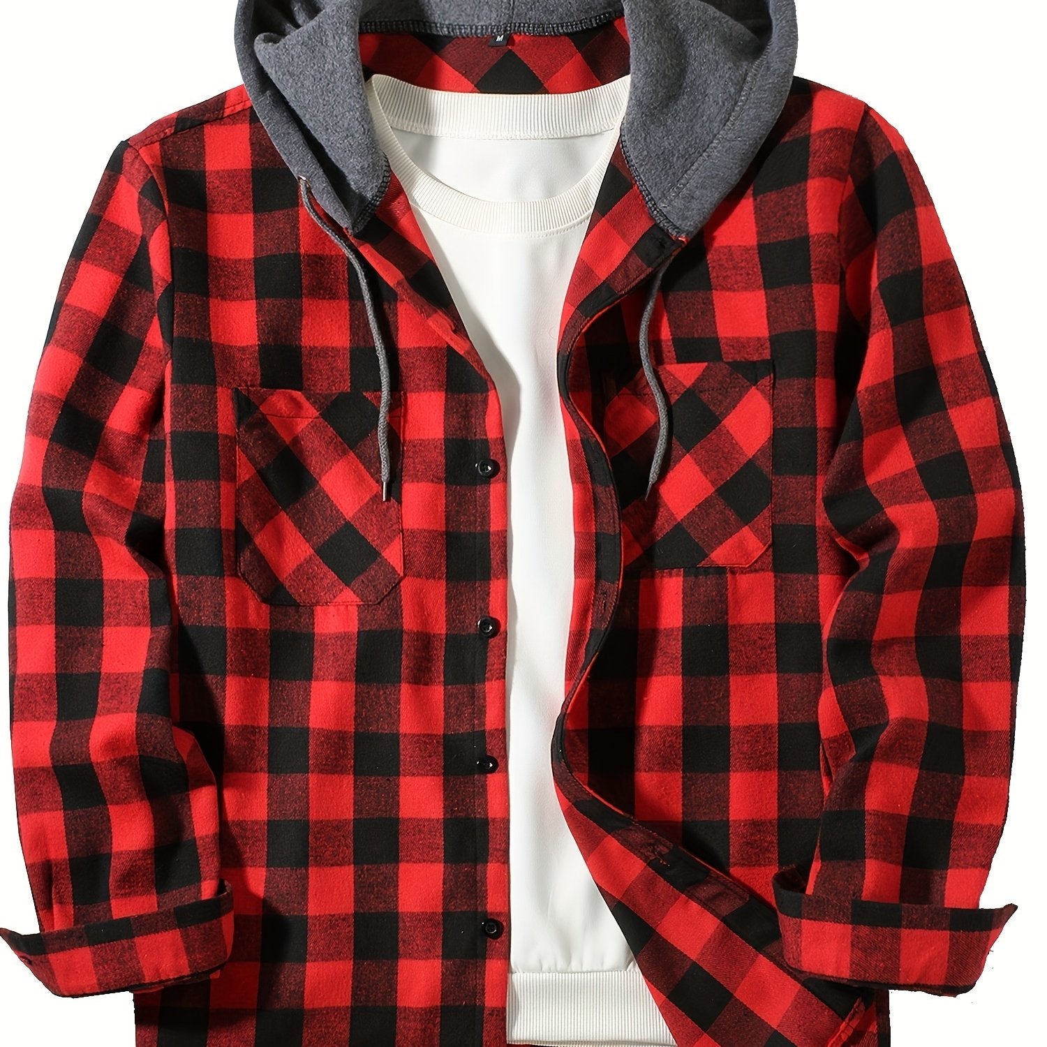 Men's Hooded Plaid Shirt Long Sleeve Casual Spring Fall Polyester Rayon