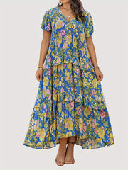 Boho Chic yozgi kiyi ayollar uchun, pleated ruffle uzun bo'yli, gullar bilan bezatilgan V-neck, ko'p ranglarda