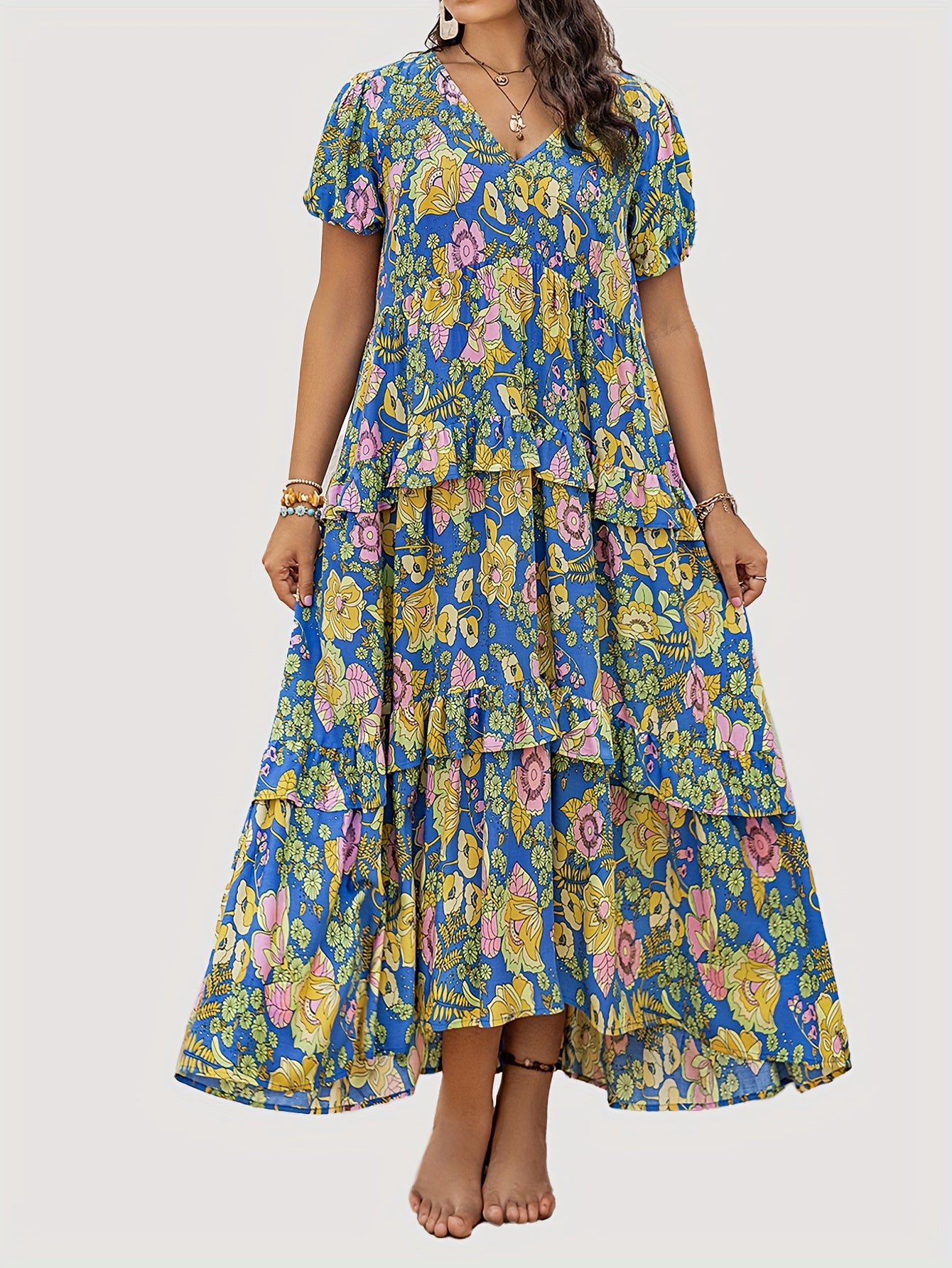 Boho Chic yozgi kiyi ayollar uchun, pleated ruffle uzun bo'yli, gullar bilan bezatilgan V-neck, ko'p ranglarda