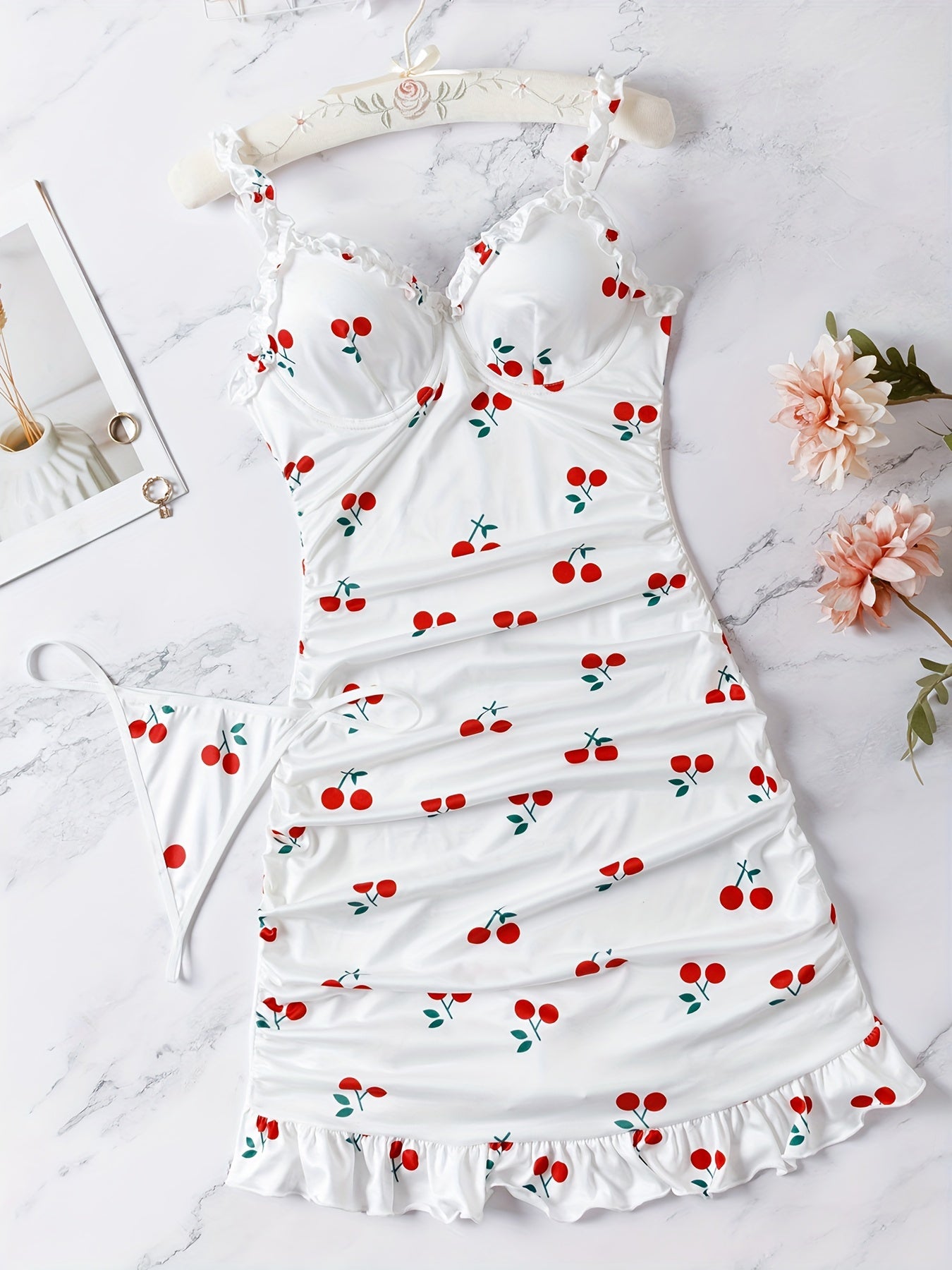 Women's Red Cherry Print Nightdress Set with Thong