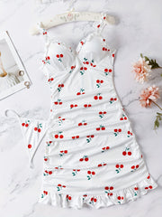 Women's Red Cherry Print Nightdress Set with Thong