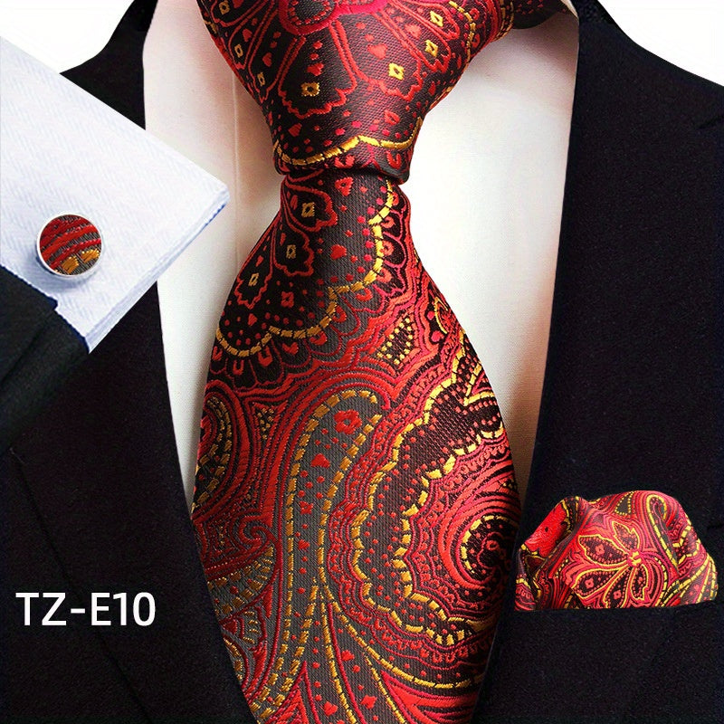 Set of 3 Paisley Jacquard Woven Neckties with Cufflinks and Pocket Squares for Men