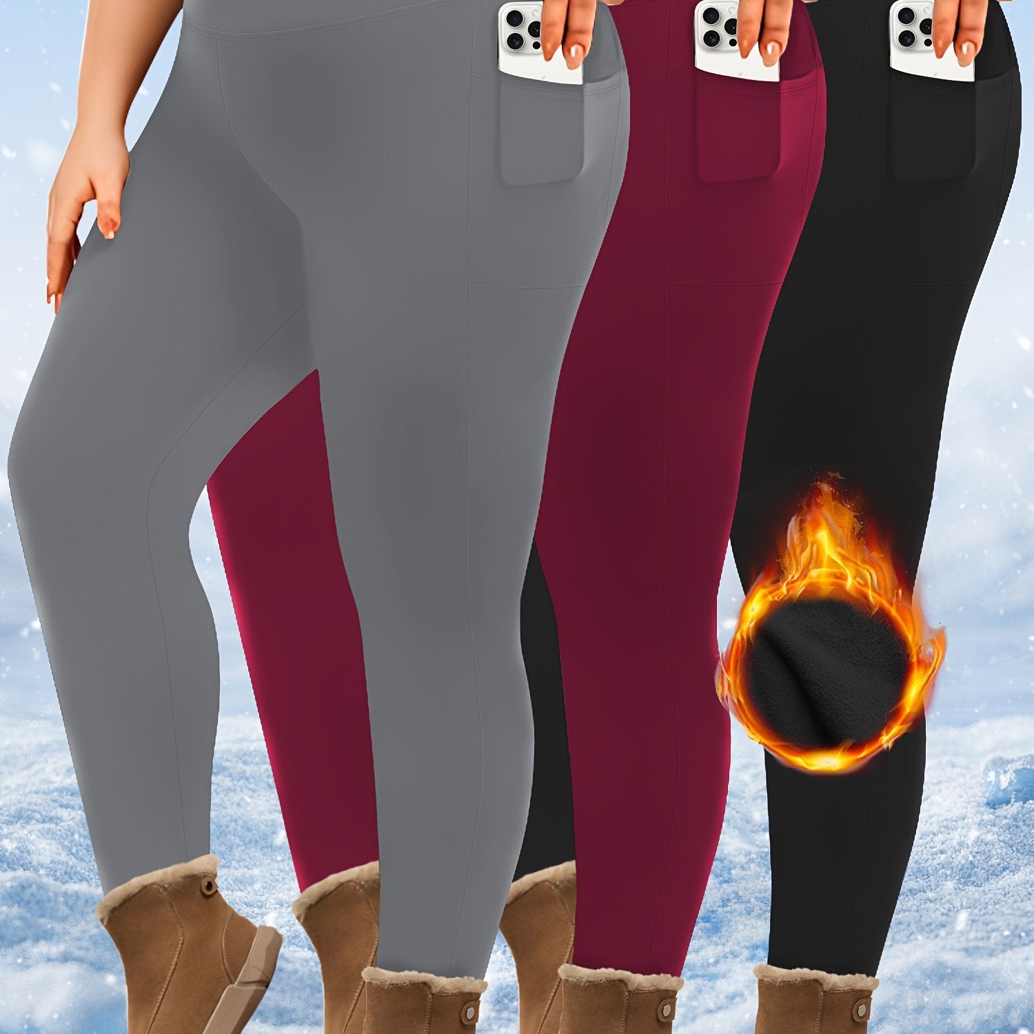 Plus Size High-Waist Fleece-Lined Leggings with Pockets for AutumnWinter Black Gray Burgundy