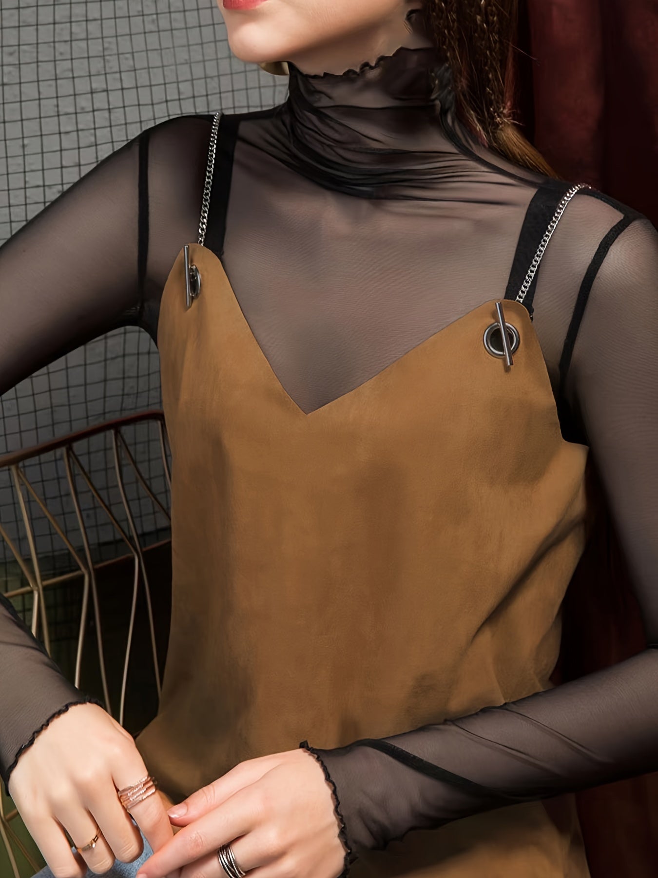 Top de encaje de malla negra para mujer con cuello alto, semi-translúcido, tela de punto para todas las estaciones