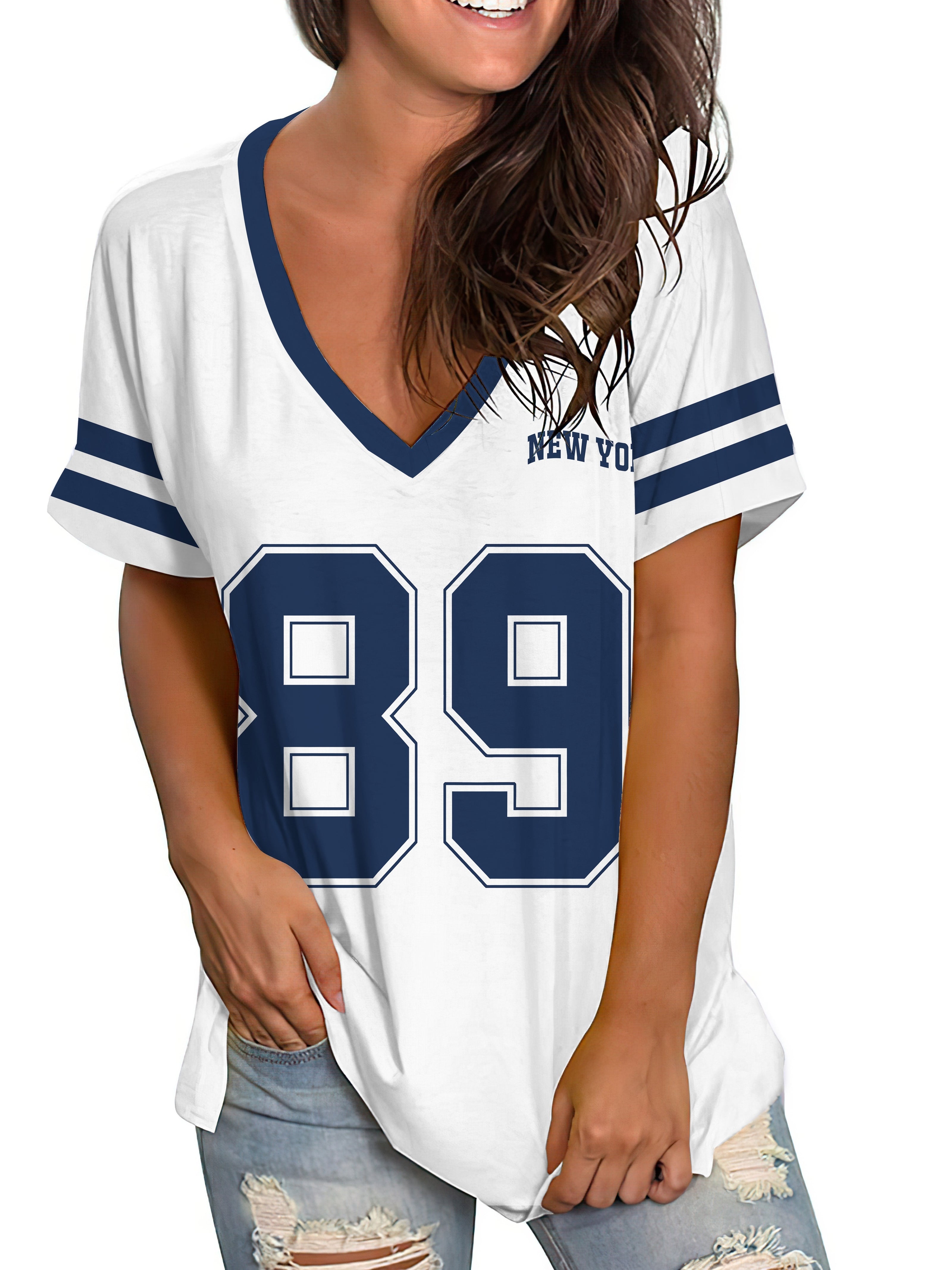 Camiseta casual de manga corta con escote en V y estampado 89 para tallas grandes de mujer