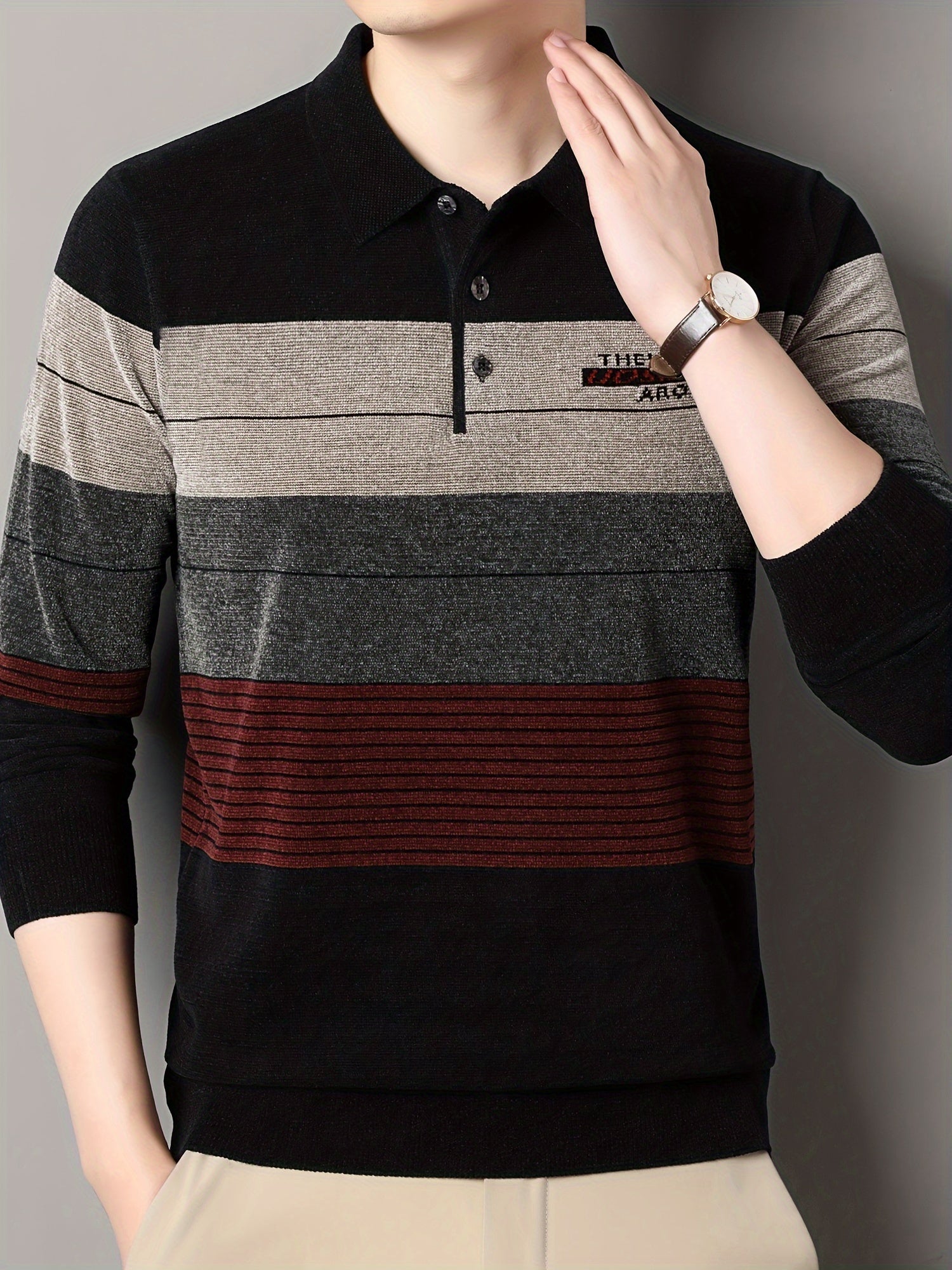 Men's Striped Knit Sweater Fall Winter Long Sleeve Pullover with Button Details