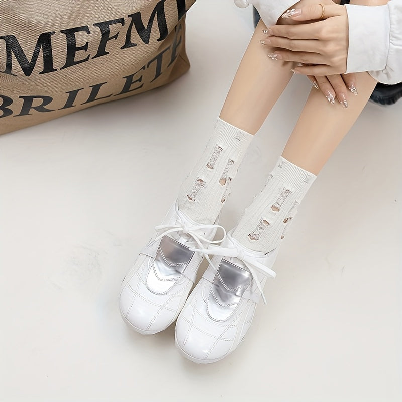 Women's White High Heel Shoes with Lace-Up Closure and Chunky Heel
