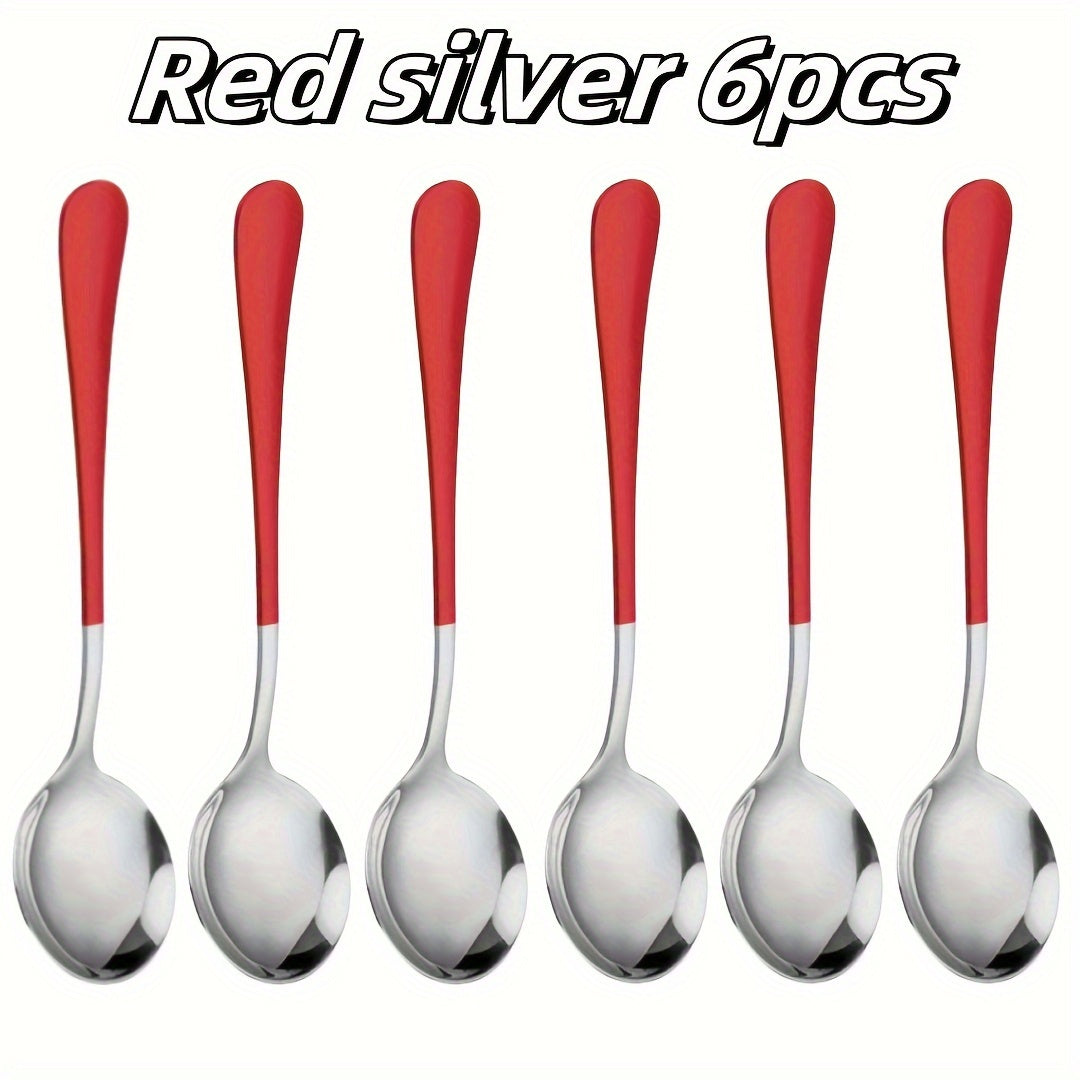 Set of 6 Long-Handled Stainless Steel Spoons for Coffee and Desserts in Multiple Colors