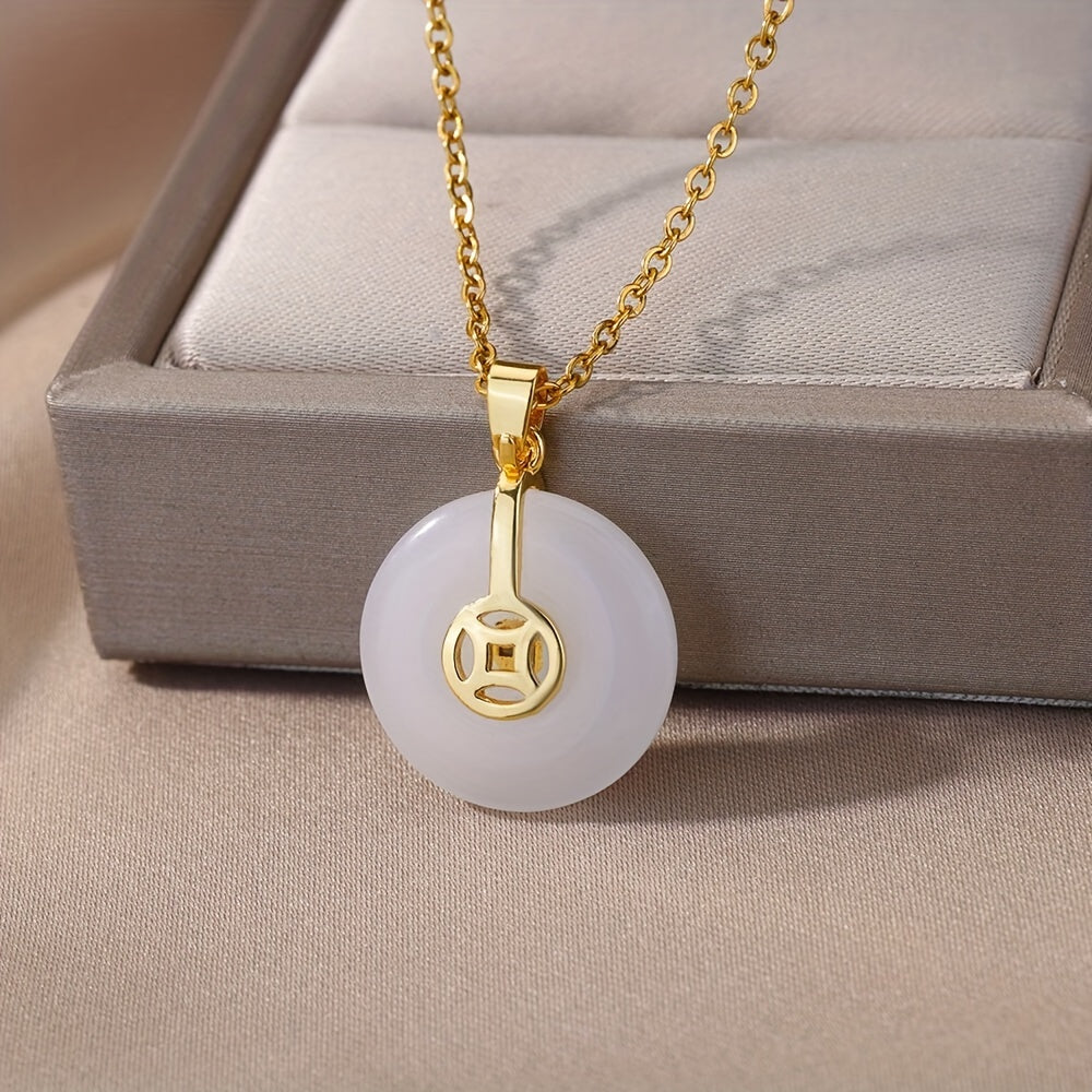 Women's Retro Chinese Style Jade Pendant Necklace with Fu Character