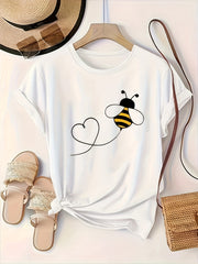 Women's Cotton Short Sleeve T-Shirt with Bee and Heart Print