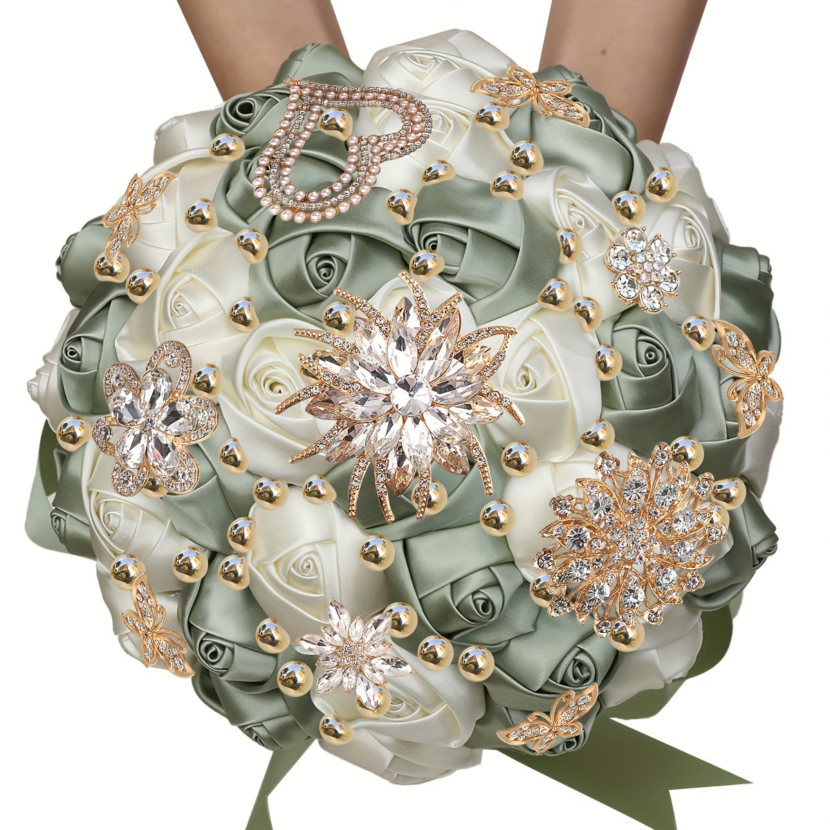 Qoʻlda tayyorlangan güllü toʻylik buketi, satinning gullari, rhinestonelar, marjon bezaklari, toʻy sovgʻasi