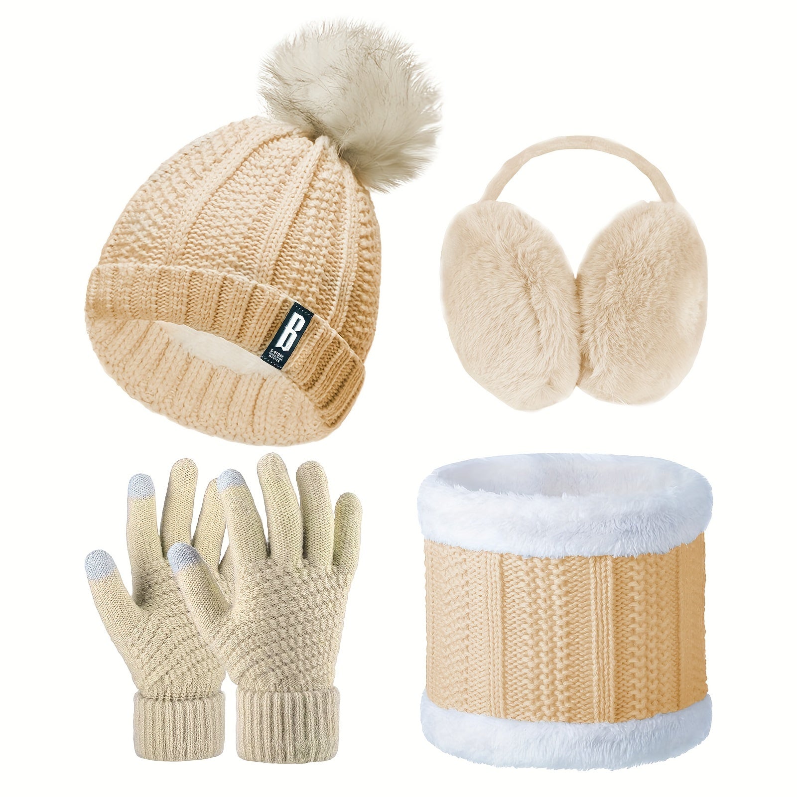 Winter Accessories Set for Women Polyester Knitted Beanie Hat Ear Warmers Gloves Scarf