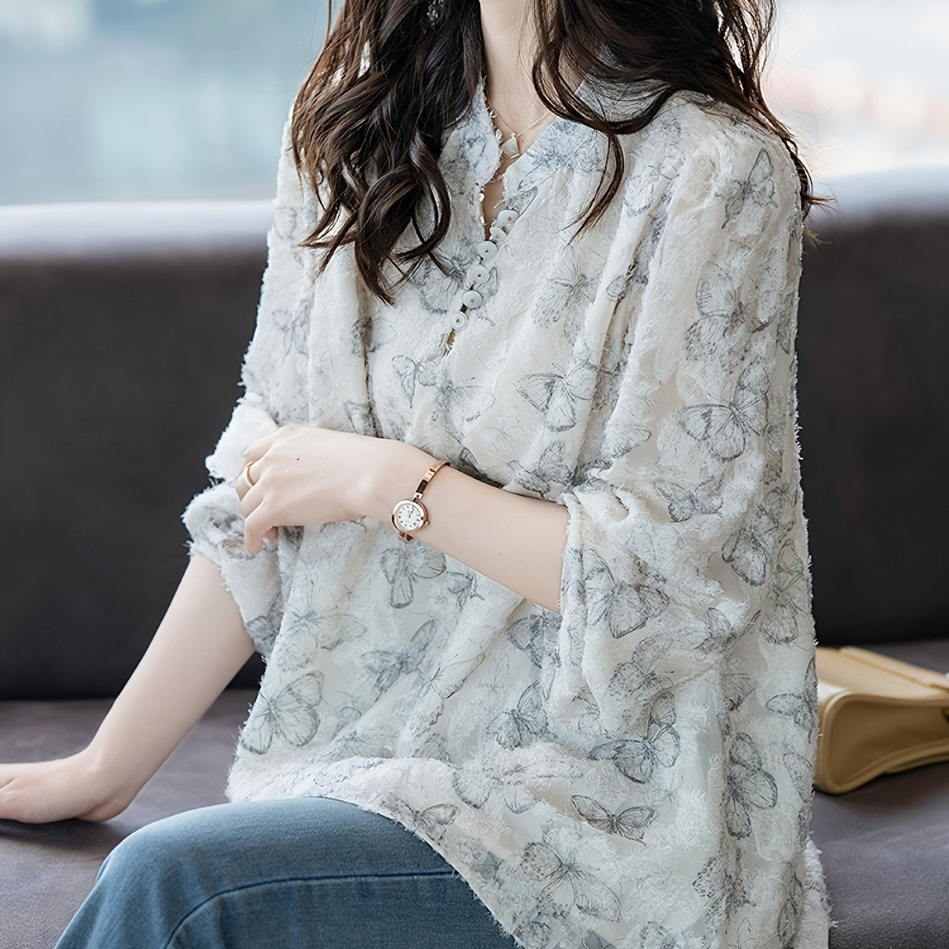 Women's V-Neck Long Sleeve Shirt Woven Polyester Color Block Butterfly Print