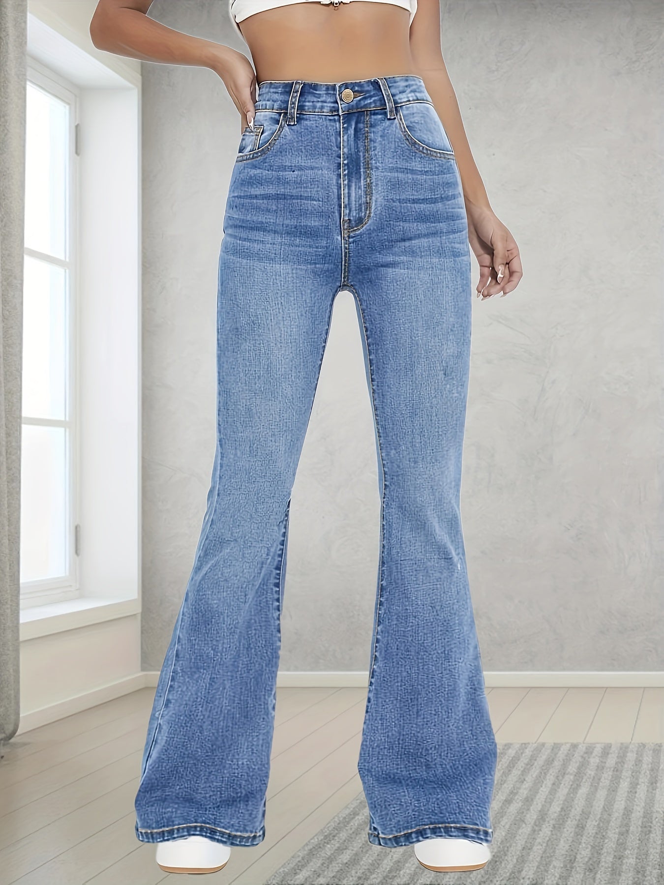 Women's High-Waisted Stretch Flared Jeans Blue Long Length Casual