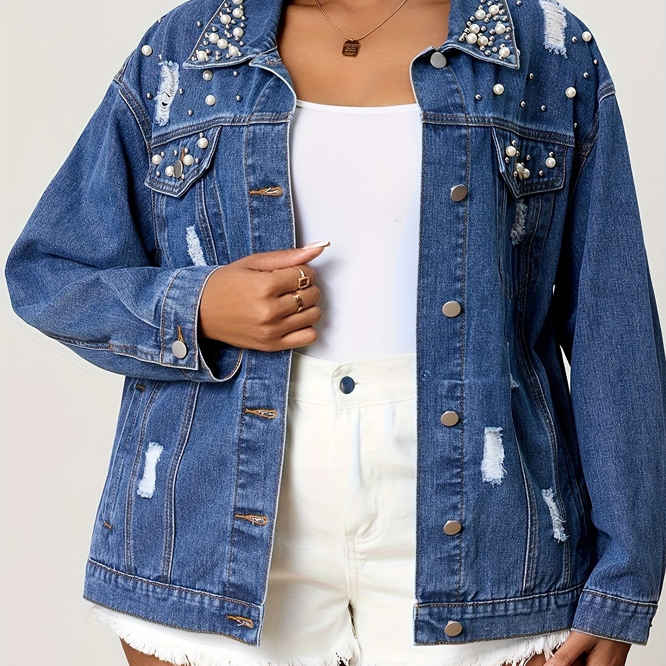 Plus-Size Women's Pearl Distressed Denim Jacket Outerwear