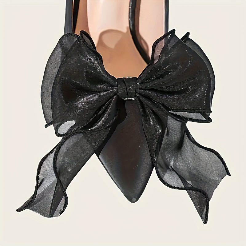 Women Black Mesh Bow Shoe Clips Set of 2 Detachable for High Heels Party Decor