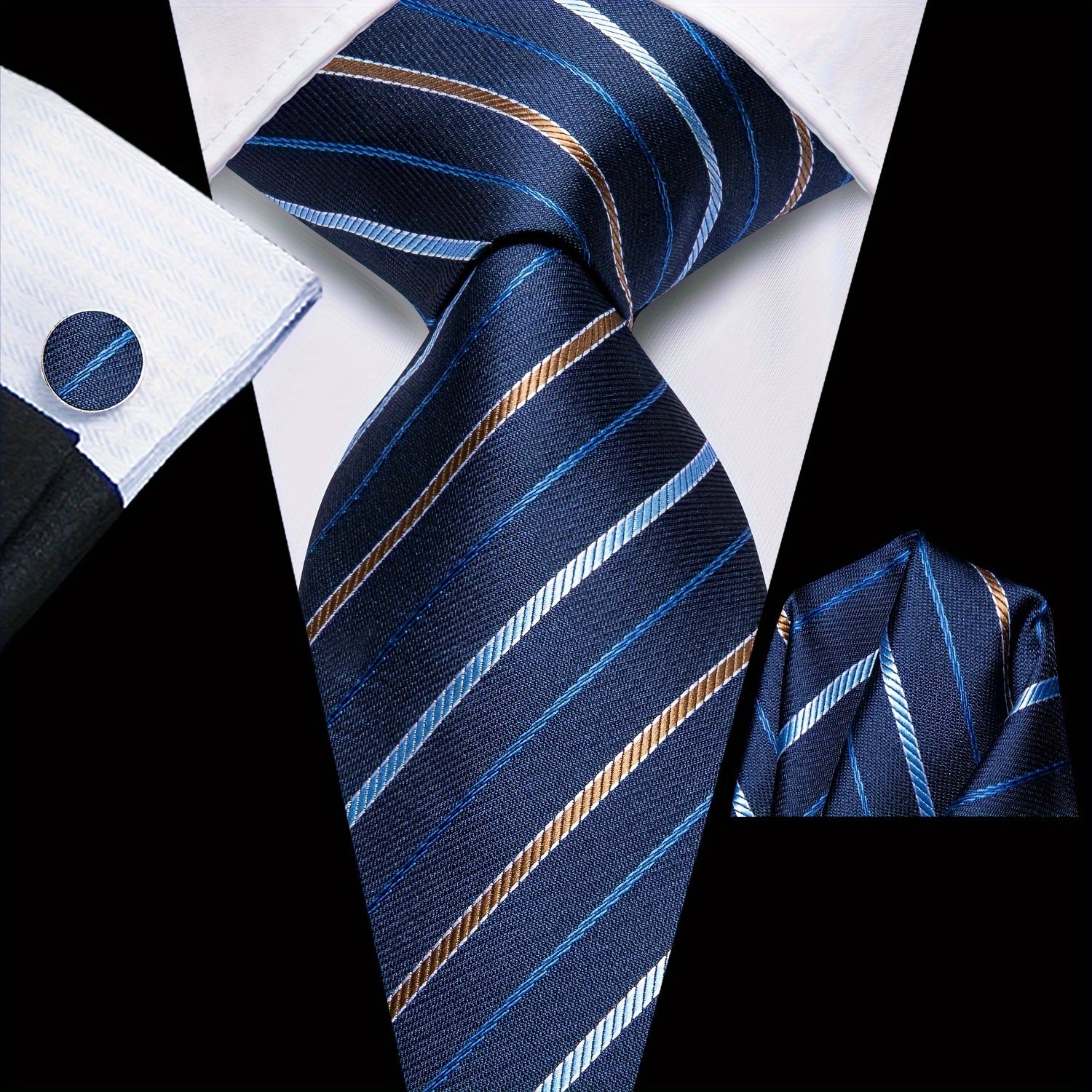 Men's Classic Striped Necktie Set with Cufflinks for Business and Party