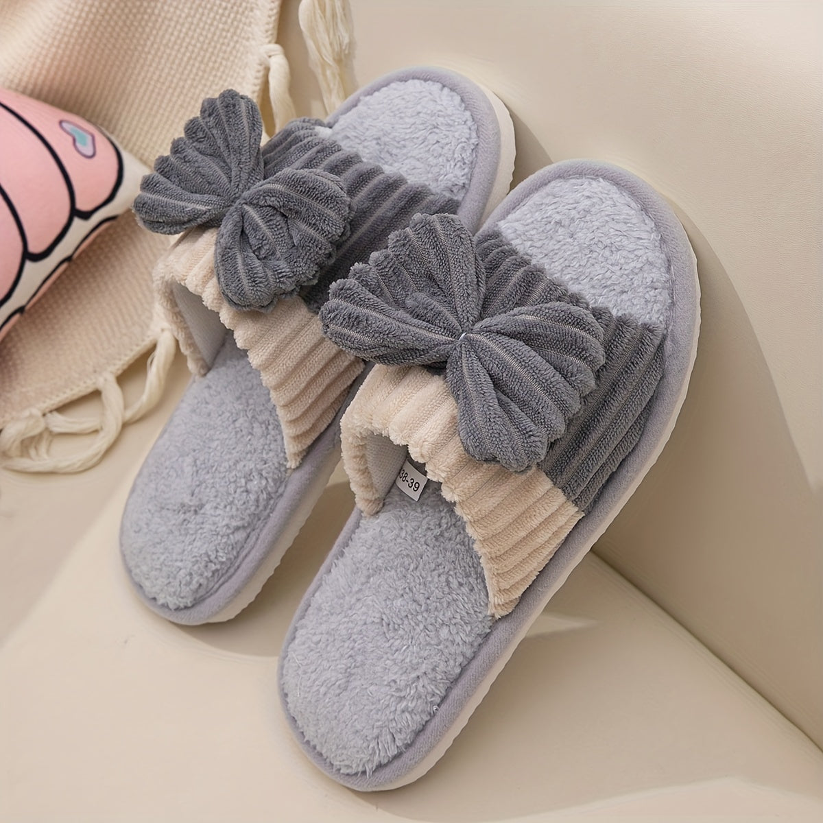 Women's Plush Open Toe Slippers with Bowknot Decor for Indoor Comfort