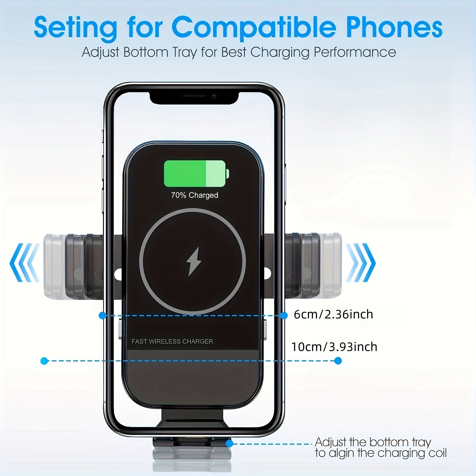 Cargador inalámbrico para coche Qi de carga rápida con sujeción automática y soporte para teléfono para ventilación
