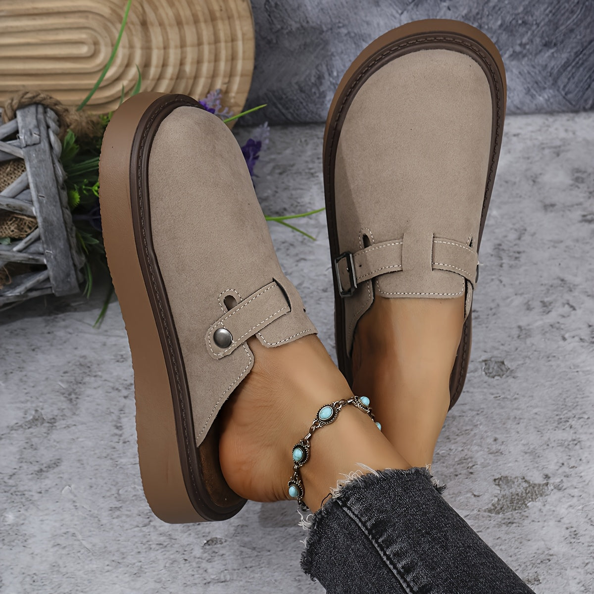 Women's Casual Buckle Loafers All-Season PU Upper Rubber Sole Flannel Insole