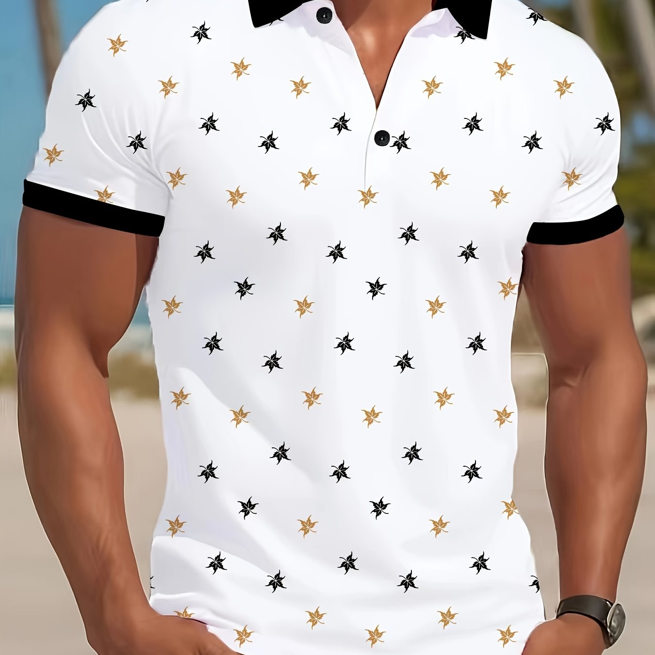 Men's Digital Print Golf Polo Shirt with Lapel Collar Stretch Knit Fabric Summer Regular Fit