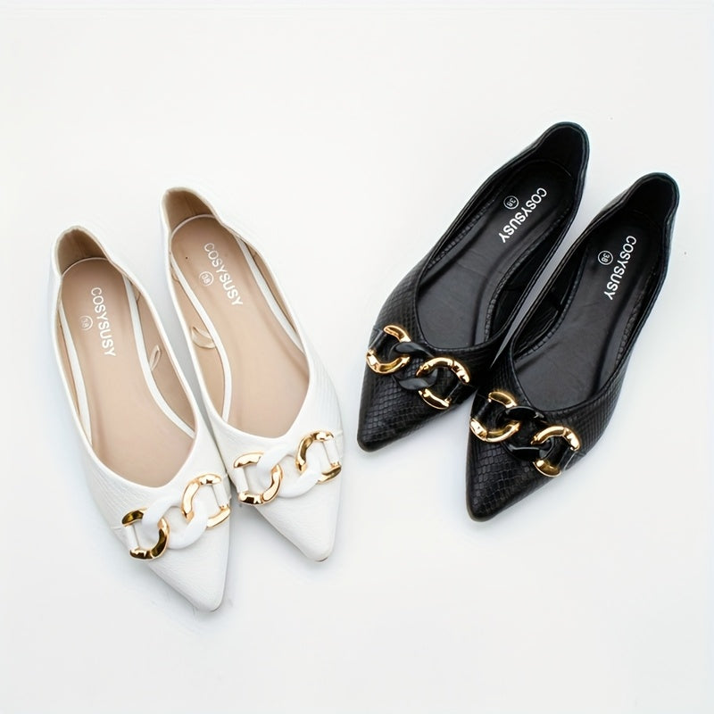 Women's Pointed Toe Slip-On Flats Black White PU Ballet Shoes Comfortable All-Season