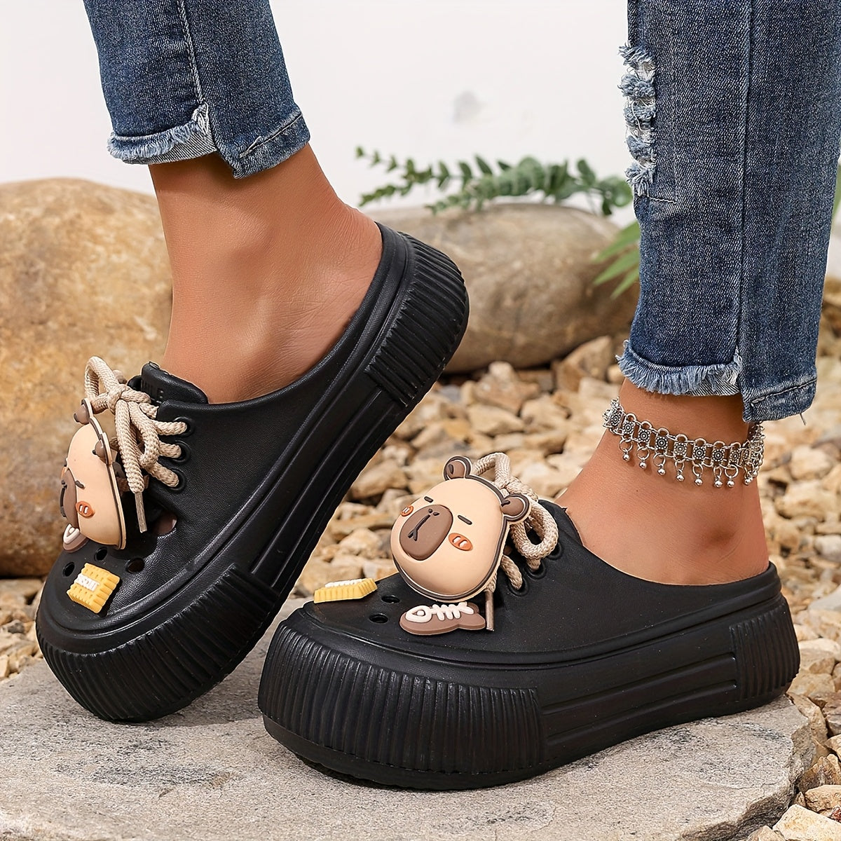 Women's Summer White EVA Clogs with Bear Charm and Thick Sole