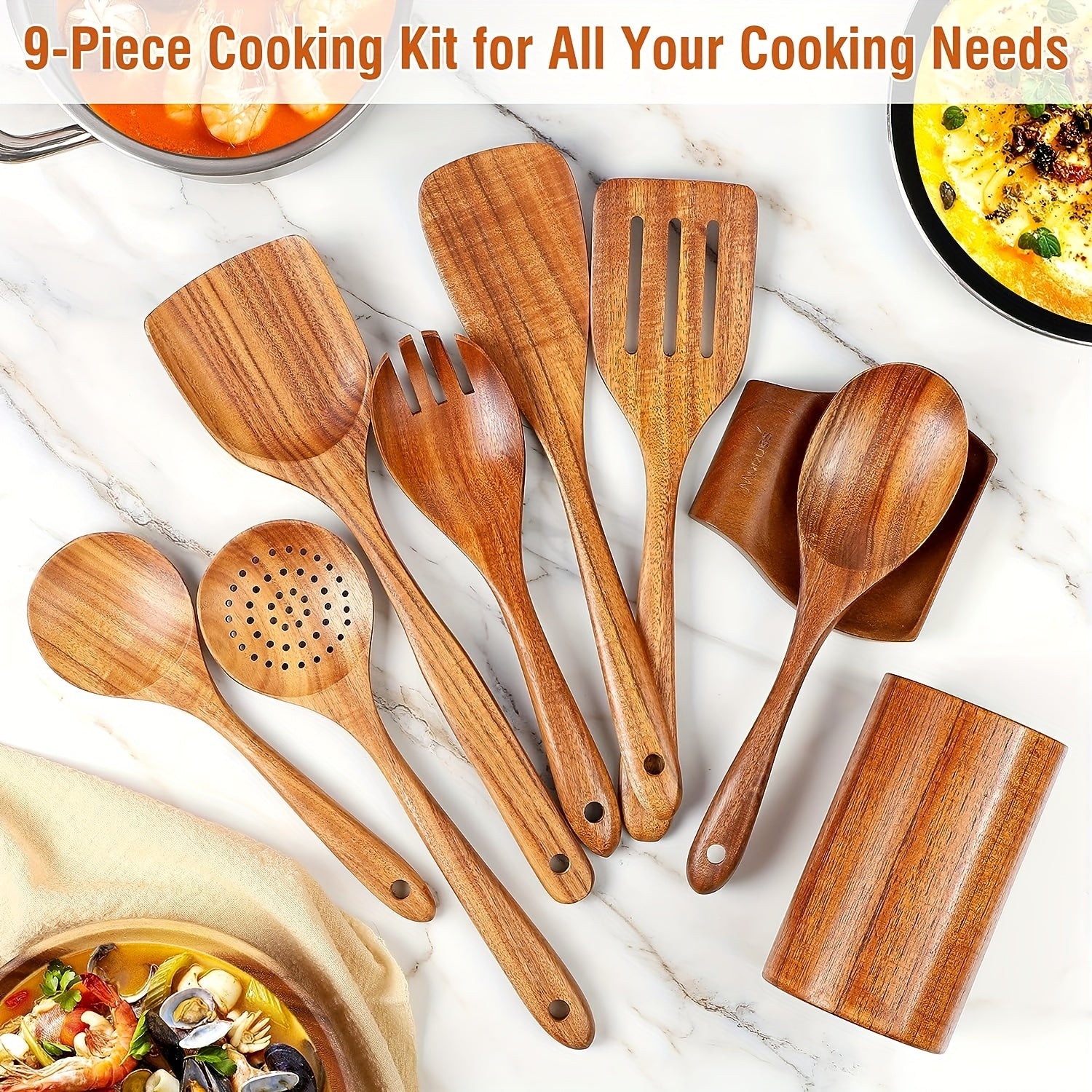 9-Piece Wooden Cooking Utensil Set for Non-Stick Pans Includes Spoon Fork Salad Spoon