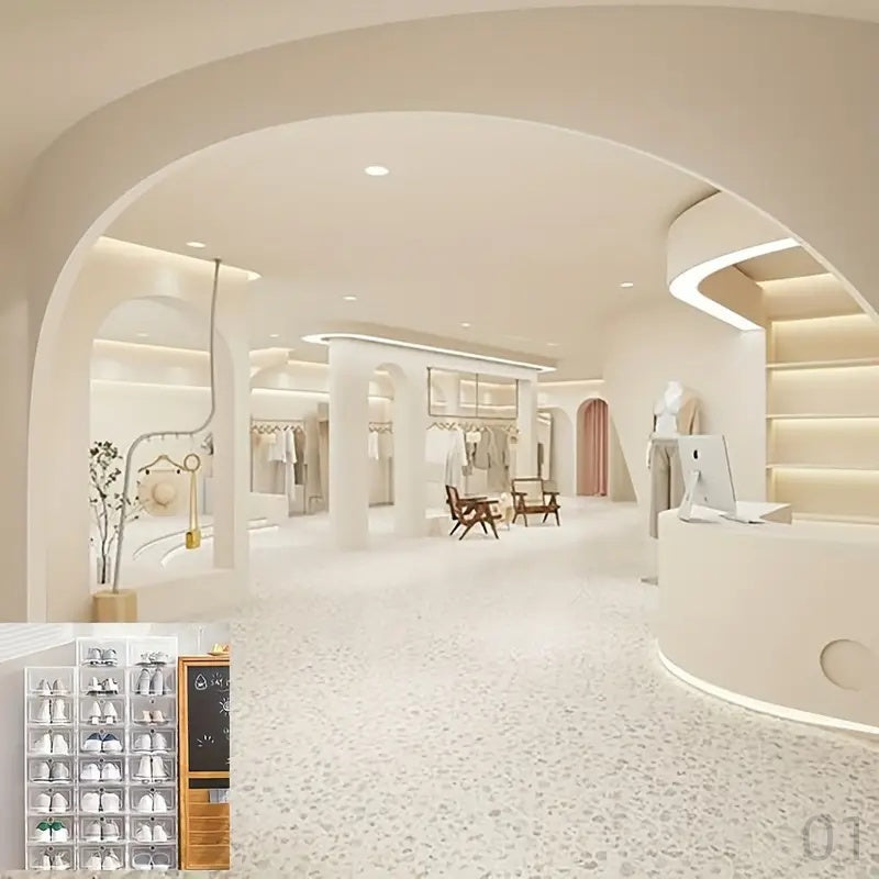 6 ta Shaffof Oq Qiyin Qutilar to'plami Qalin Plastikdan yasalgan - Oson Kirish uchun Flip-Top Qopqoq bilan. Uy va Oshxona Tashkiliy uchun mukammal, Krossovka Ko'rsatish va Kiyimlar Tashkiliy uchun Shaffof Ko'rinish Dizayni bilan. Minimalist.