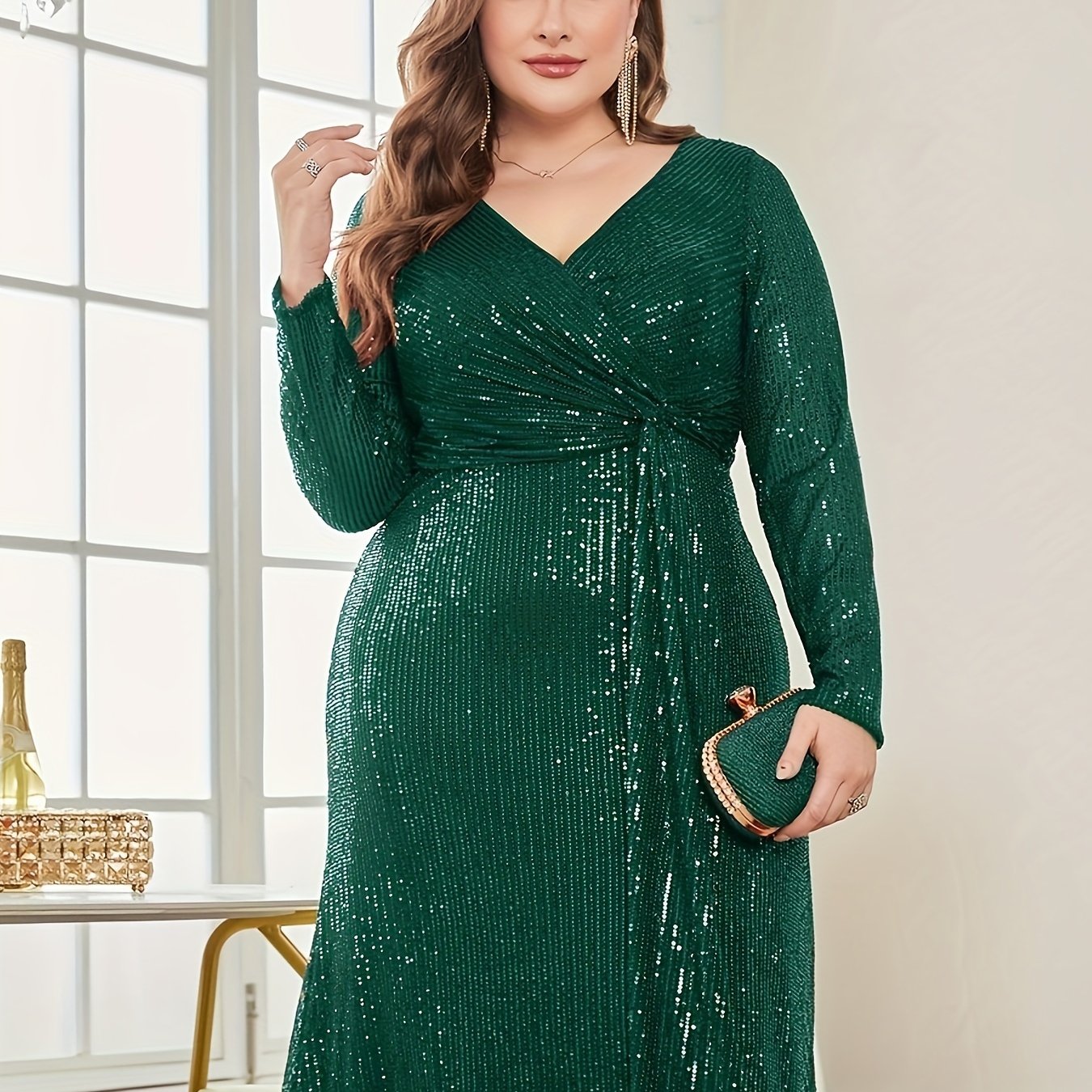 Women's Sequin Elegant Party Wedding Dress V-Neck Long Sleeve A-Line Mermaid
