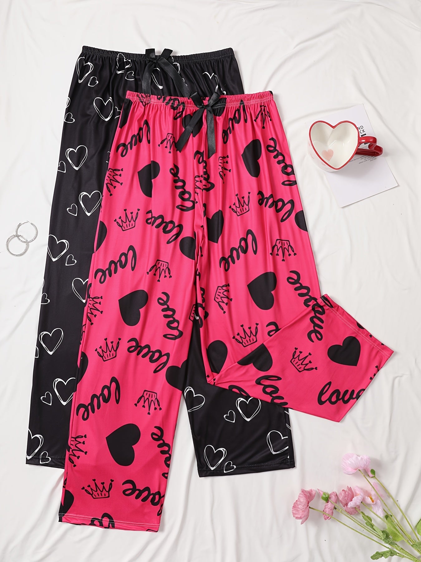 Plus Size Sleep Pants Women All-Season Heart Pattern Knit Fabric with Bow Detail