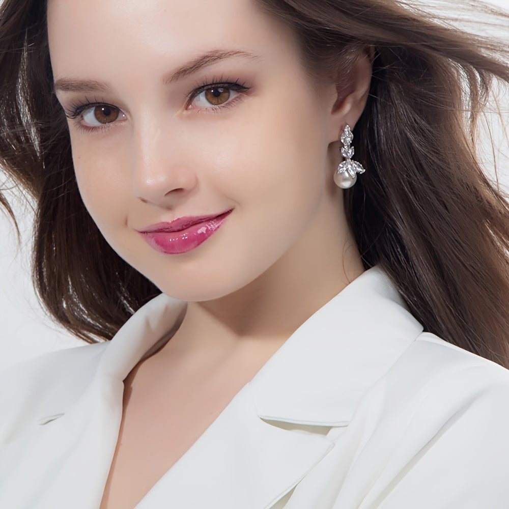 Bridal Jewelry Set with Pearl Pendant Necklace and Earrings Synthetic Cubic Zirconia White