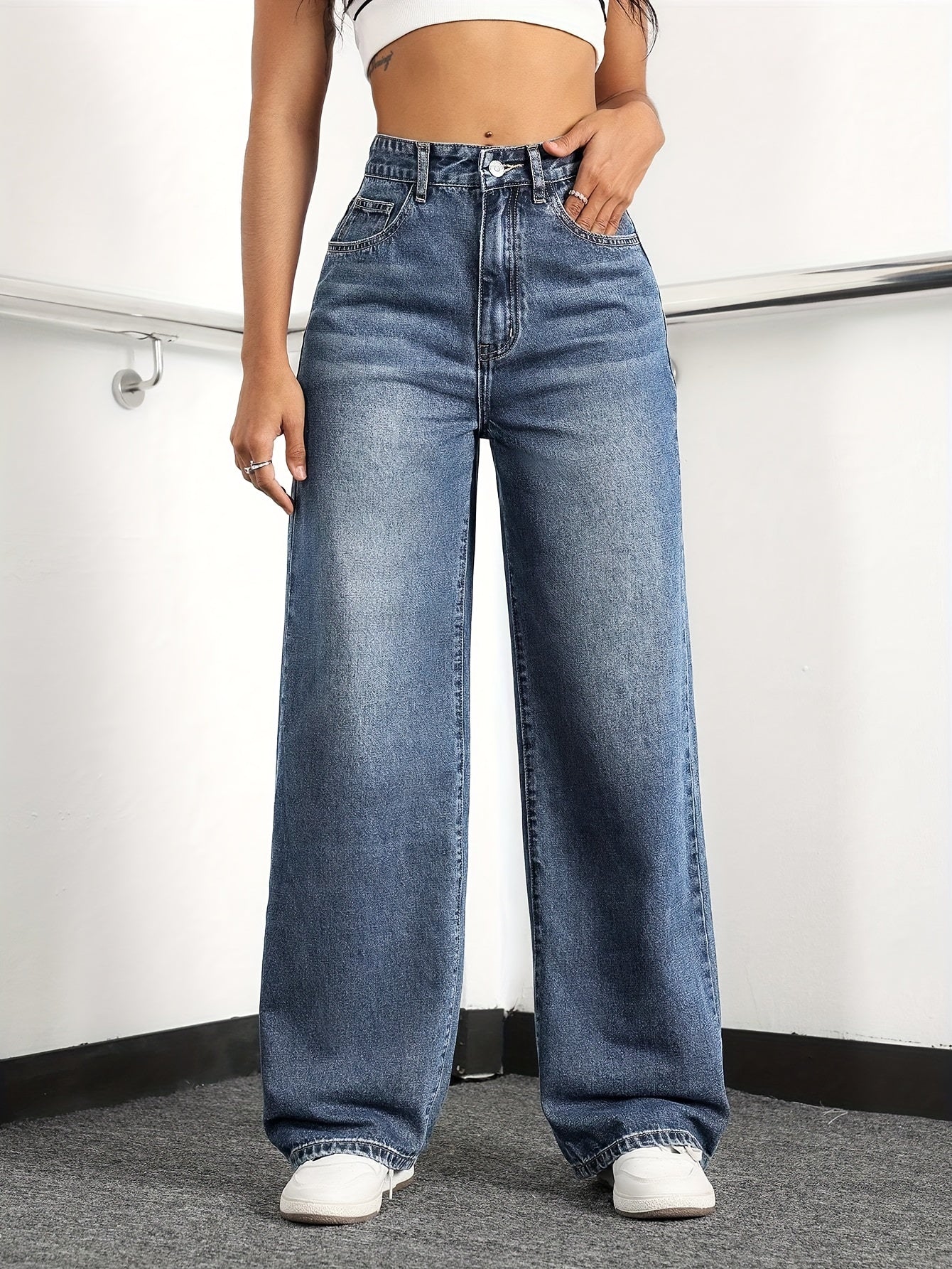 Women's Wide Leg Jeans High Waist Washed Details Casual Cotton Blend