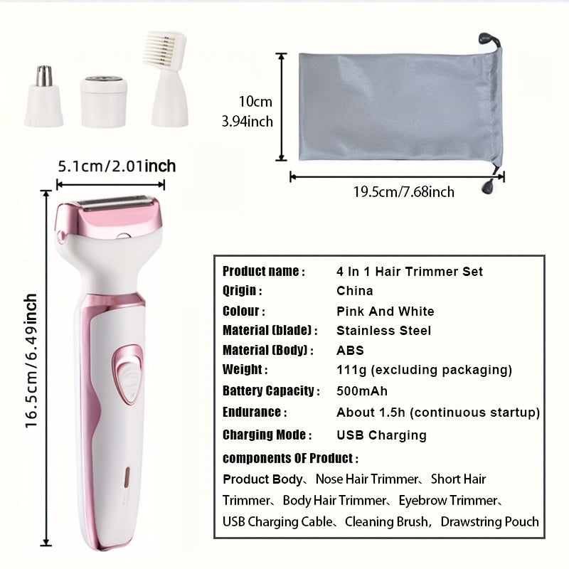 Women’s Pink and White 4-in-1 Rechargeable Electric Shaver Kit with Trimmer Eyebrow and Underarm Hair Removal
