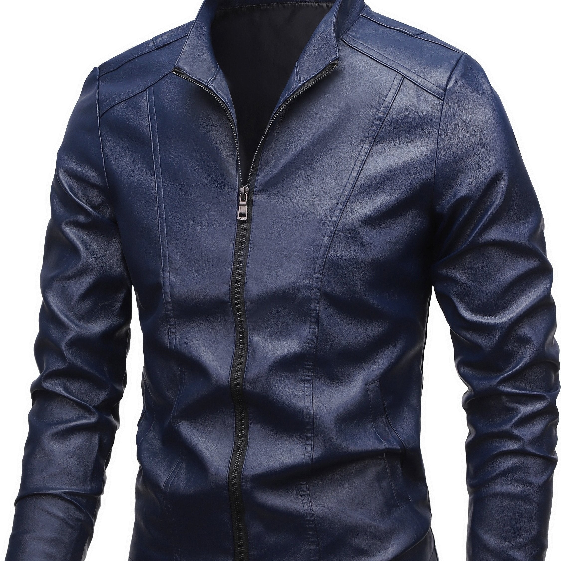 Men's Casual Woven Polyurethane Jacket with Stand Collar Zipper Pockets