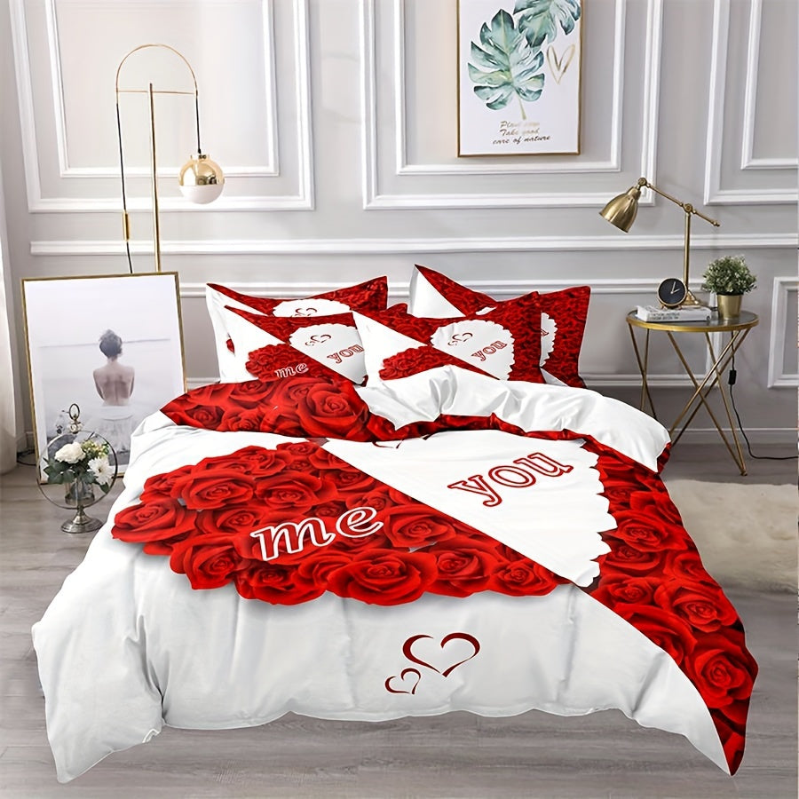 Red Rose Duvet Cover Set with 2 Pillowcases All-Season Polyester Zipper Closure