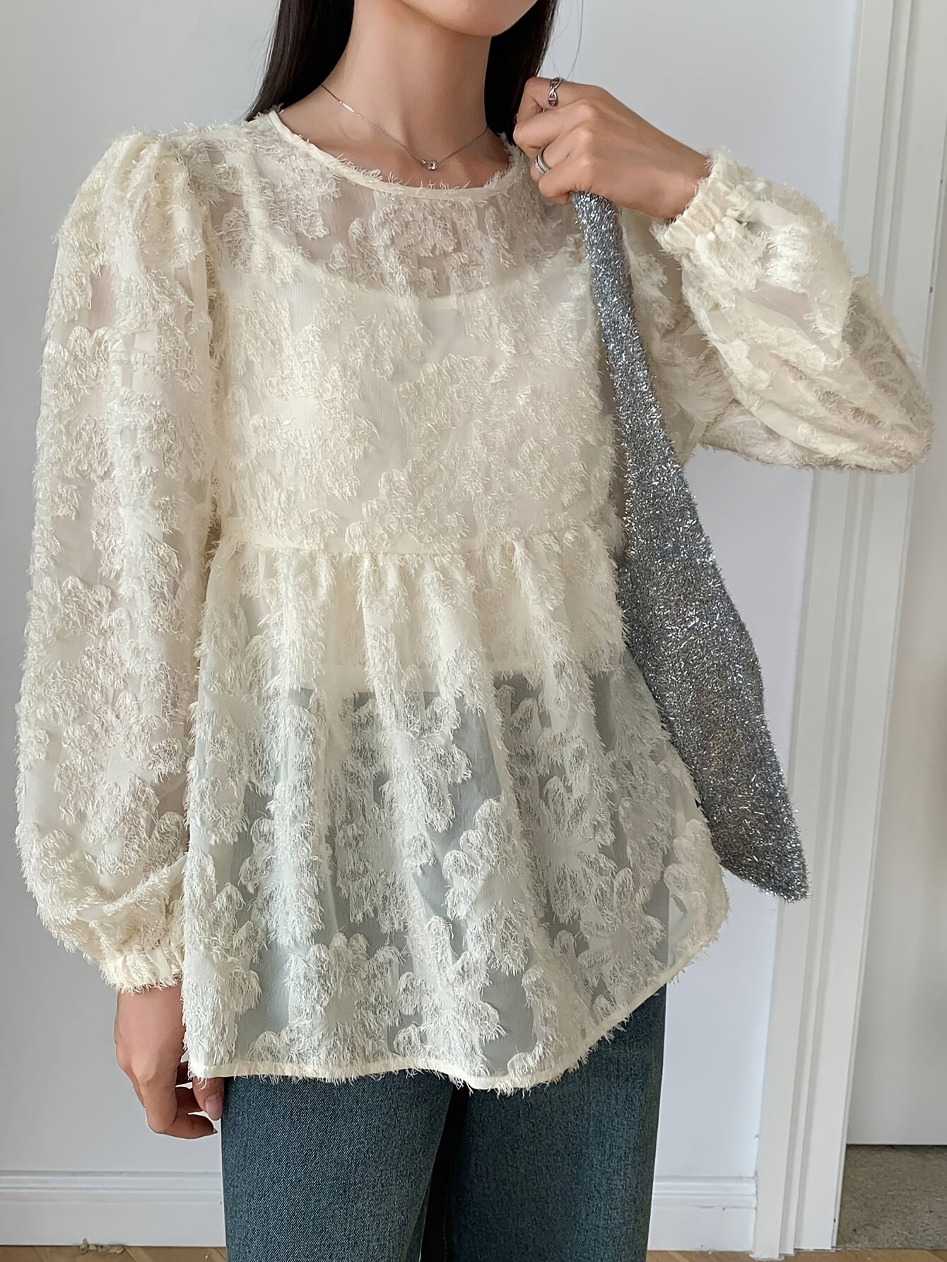 Women's Long Sleeve Blouse with Ruffled Hem in Textured Polyester Fabric