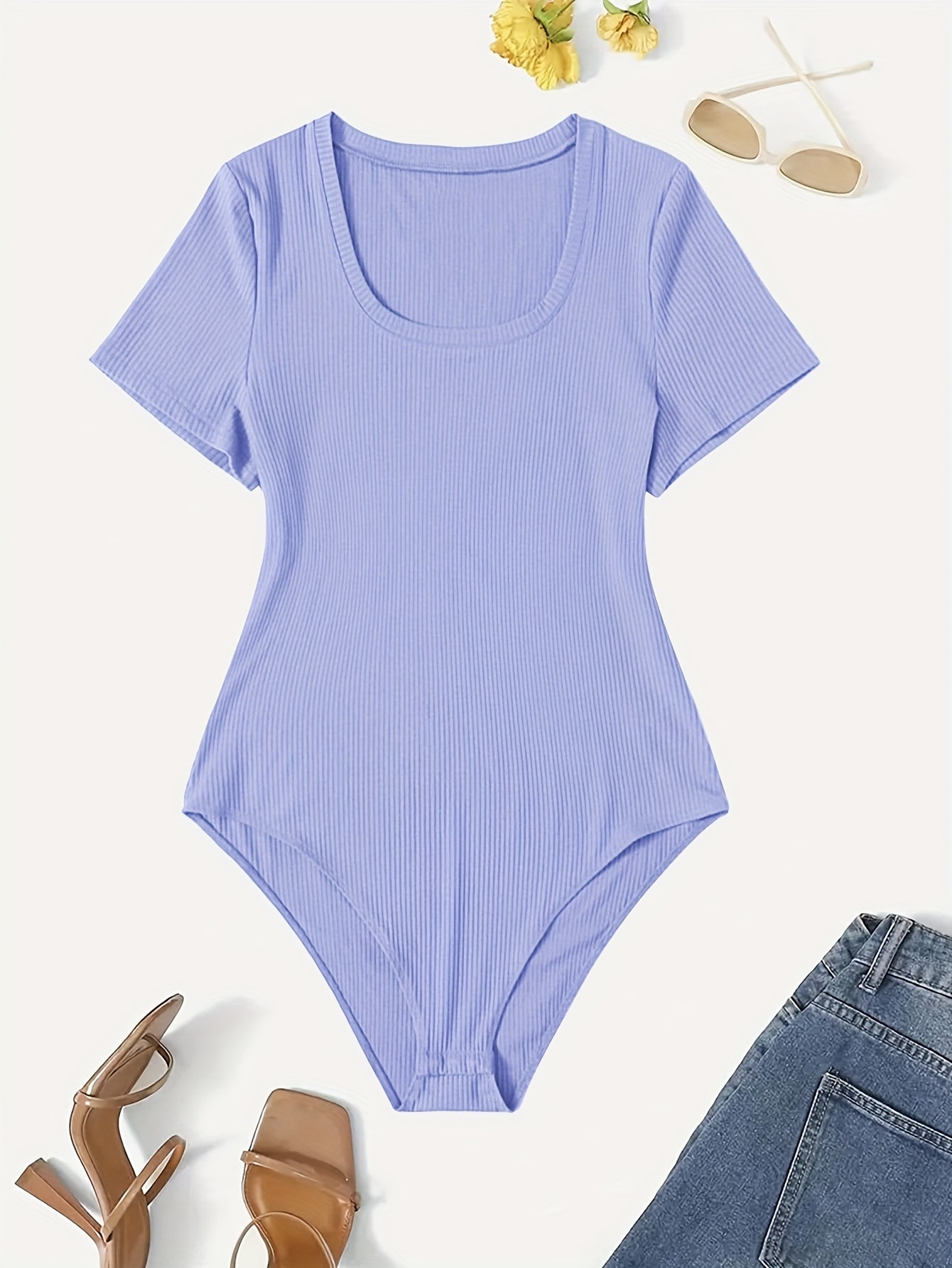 Women's Plus Size Stretchy Bodysuits Solid Color Crew Neck Short Sleeve Set