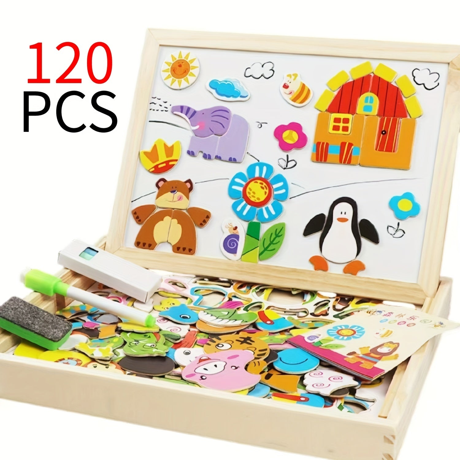 Children's Wooden Puzzle Set with Paintbrush and Chalkboard Educational Toys for Kids Age 3+