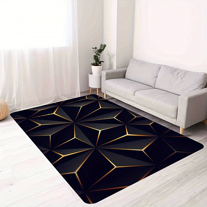 Black and Gold Geometric Area Rug for Living Room and Bedroom Slip-Resistant Carpet