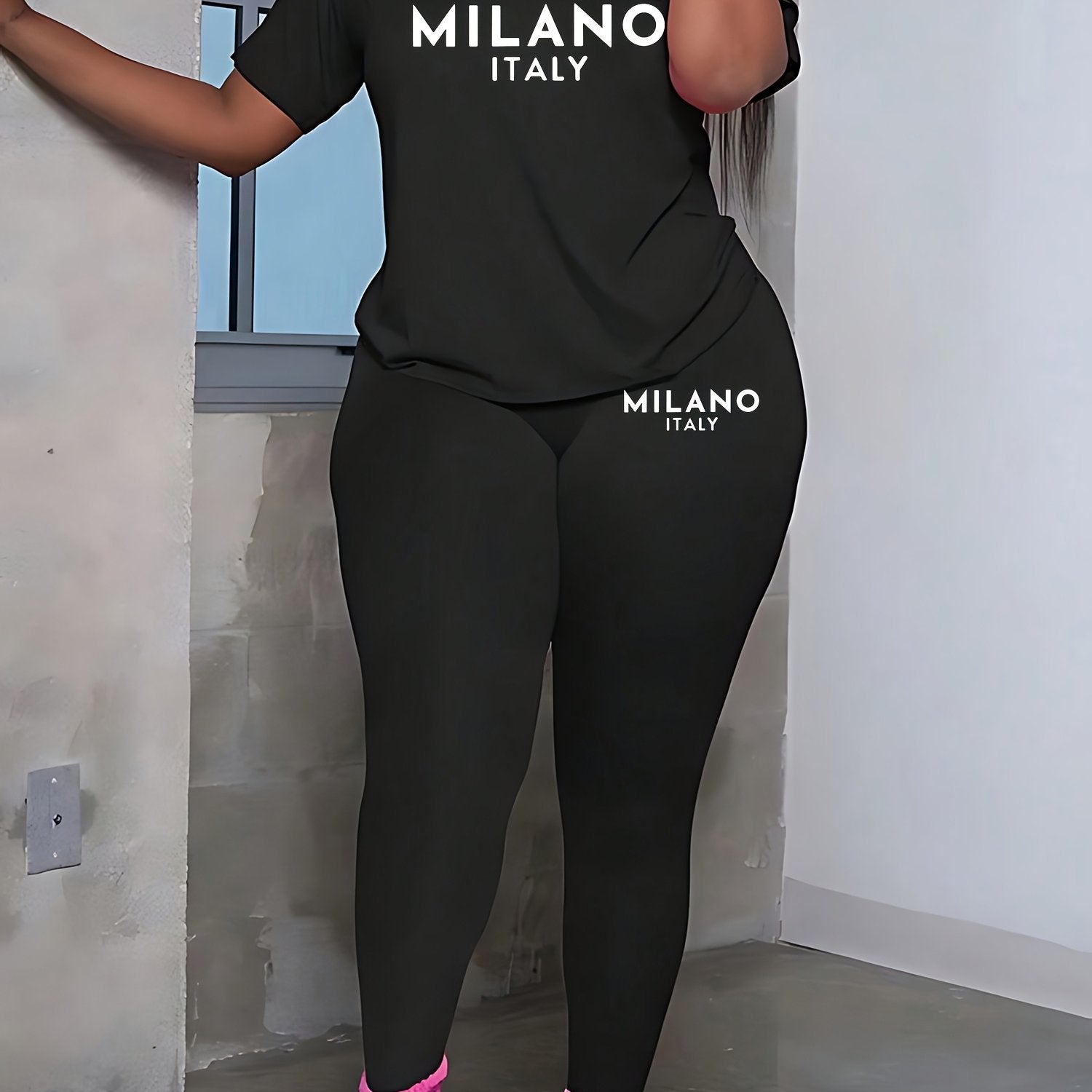 Women's Plus Size Summer Activewear Set Short Sleeve Top Leggings Stretchy Comfortable