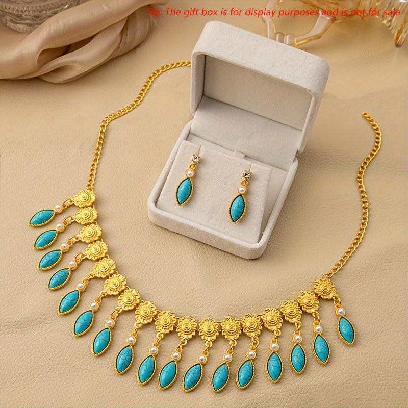 Vintage Boho-Chic Jewelry Set Rhinestone Faux Pearl Necklace Earrings Ring for Weddings and Events