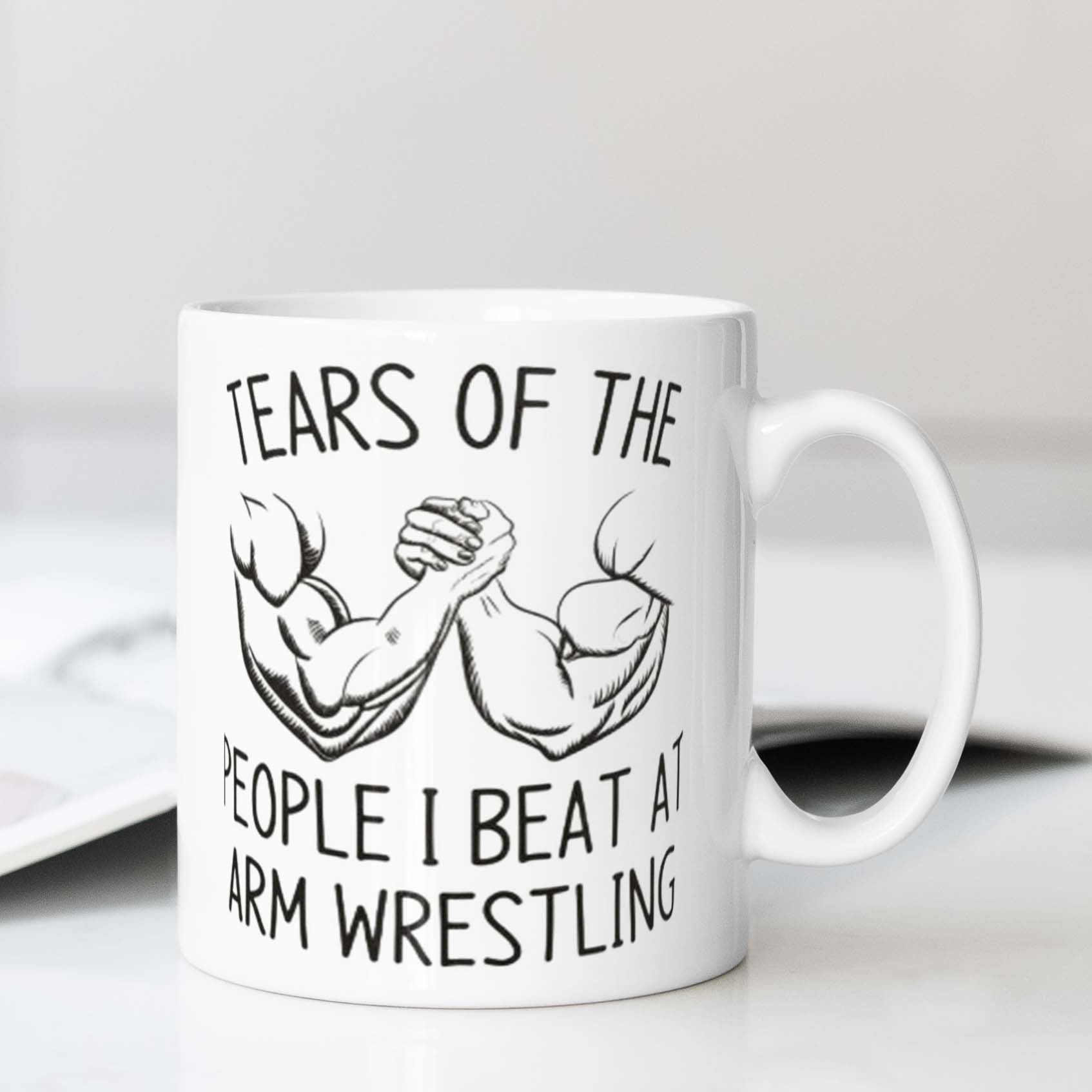 Funny Arm Wrestling Mug with "Tears of the People I Beat" Design Ceramic Coffee Cup for Office Camping and Home