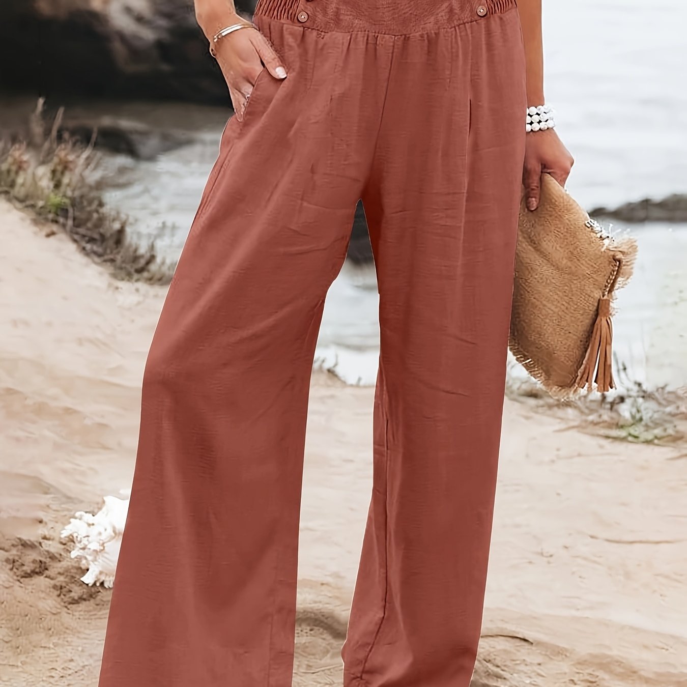 Women's Plus Size Wide Leg Pants with Drawstring Waist Solid Color Casual Beach