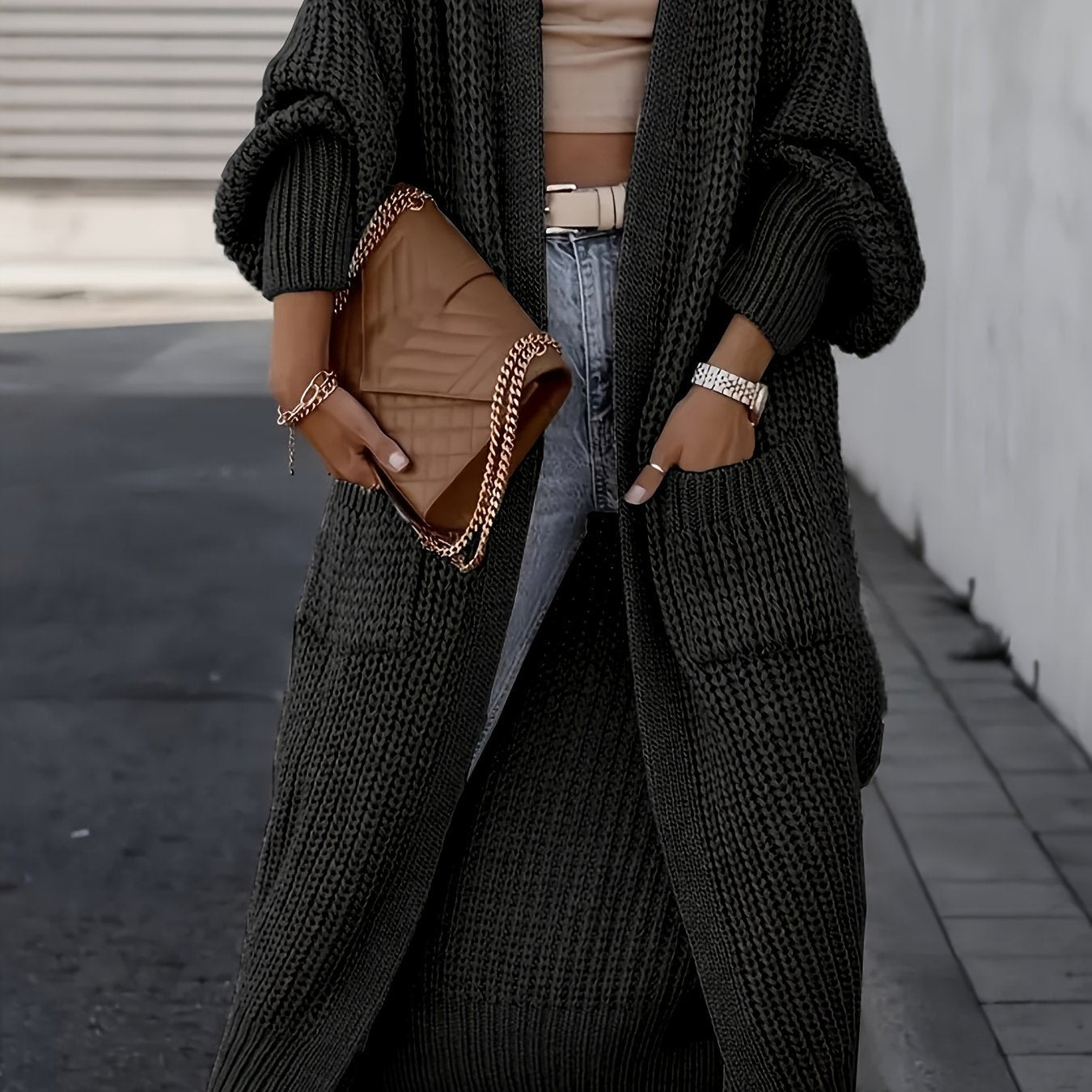 Plus o'lcham ayollar uchun kundalik uzun qo'lqopli kardigan zaytun yashil, kuz-qish