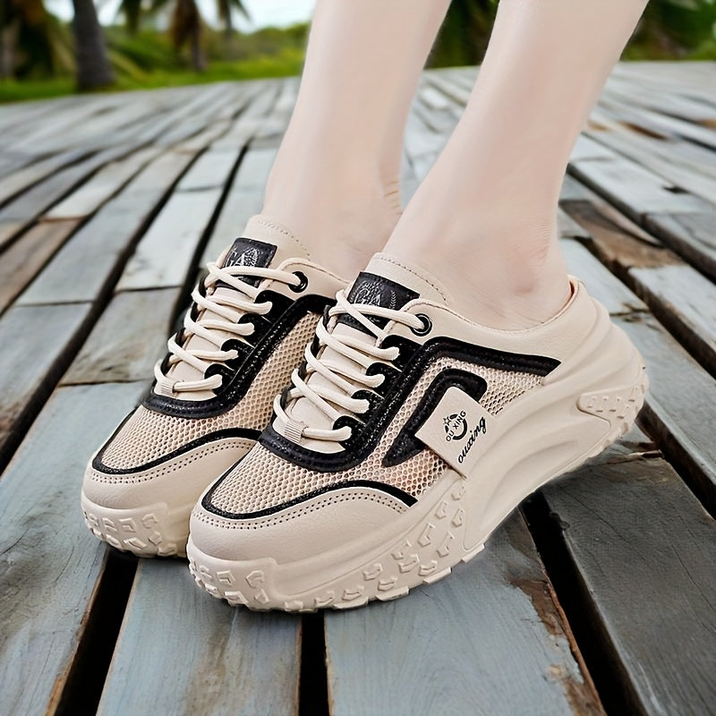 Women’s Summer Casual Sneakers with Cushioned Sole Breathable Mesh Black Khaki White