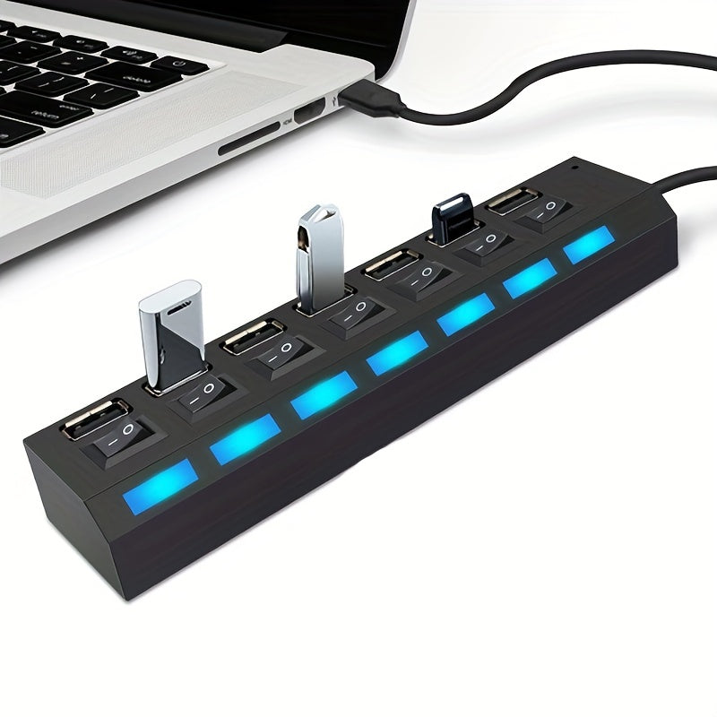 USB 2.0 Hub 7 Ports or 4 Ports with LED Light and Independent Power Switch for Data Transfer