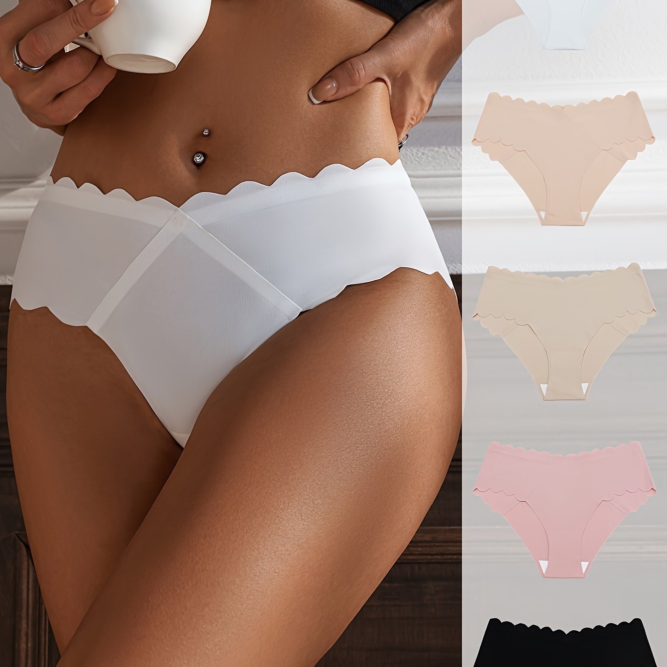 5pcs Women's Elegant Wave Edge Briefs Nylon Elastane Mid-Rise Non-See-Through